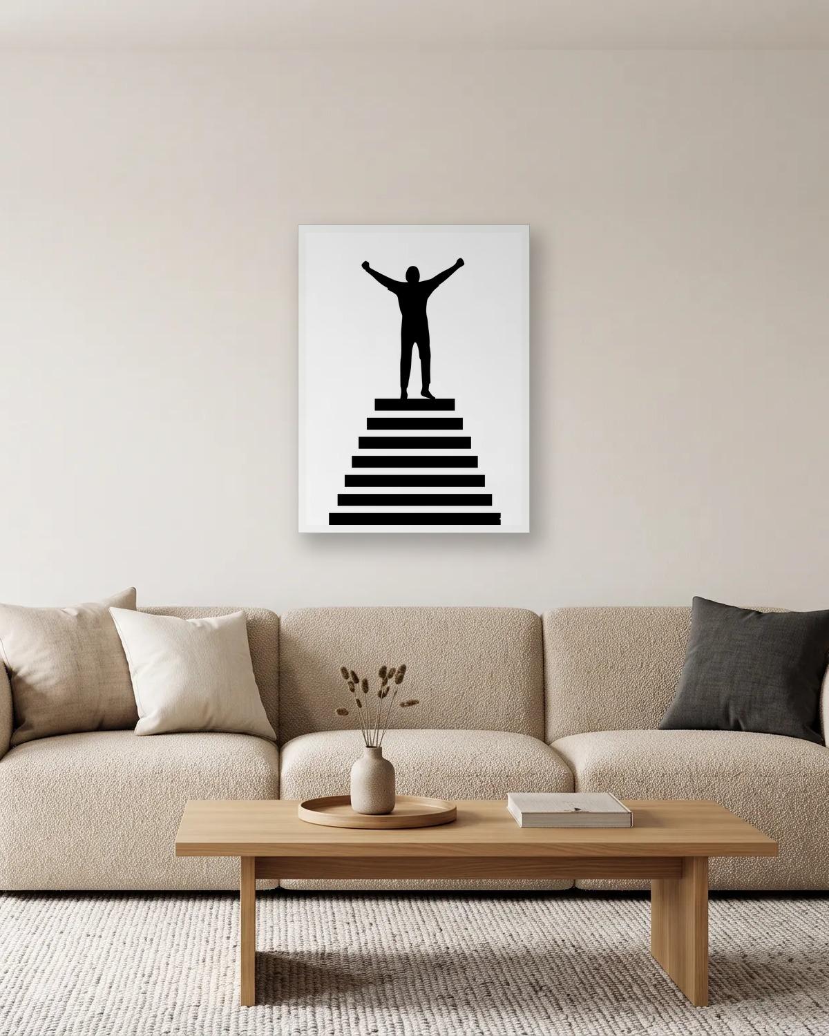 En haut des marches, affiche encadrée dans un salon