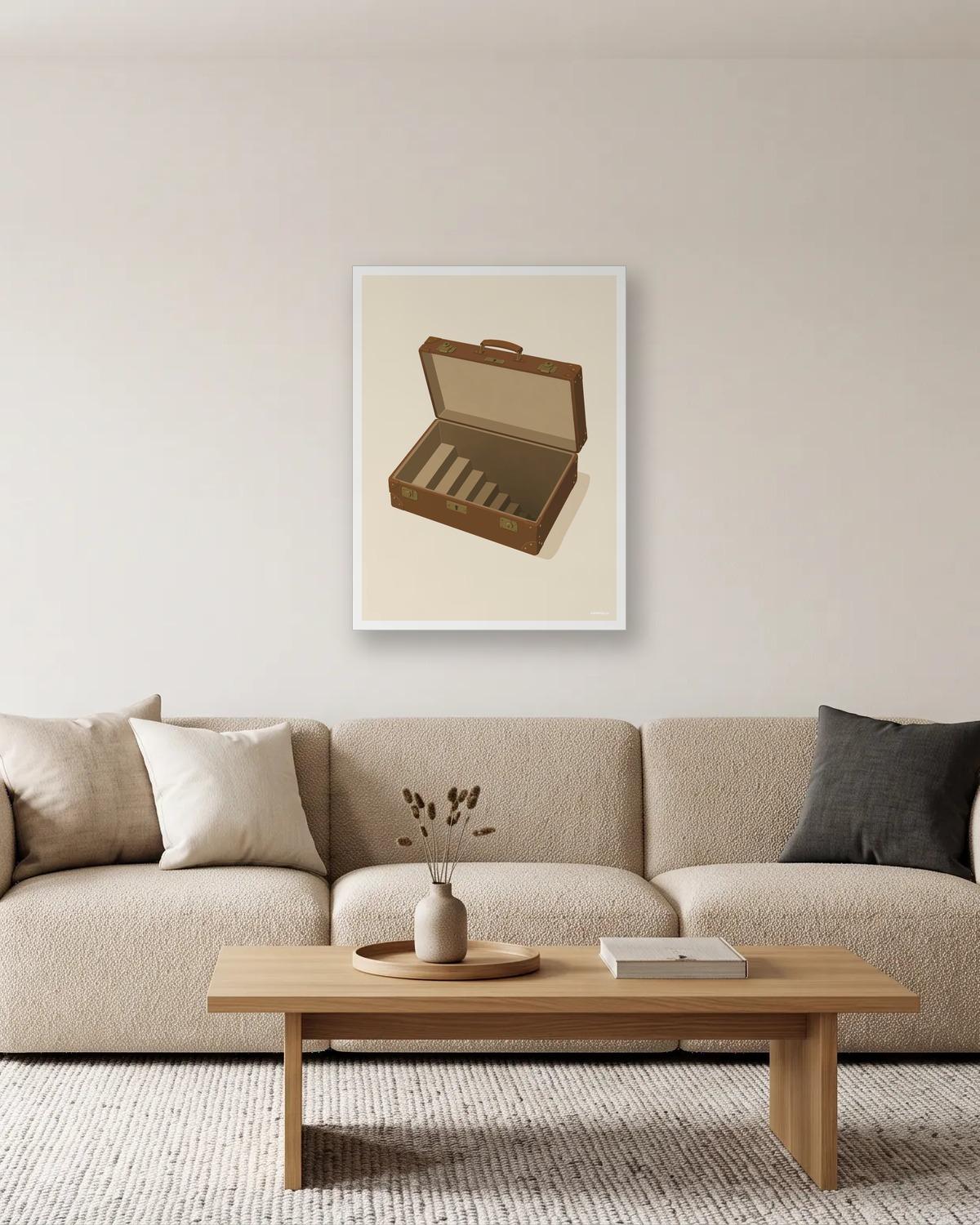 L'escalier dans la valise, affiche encadrée dans un salon