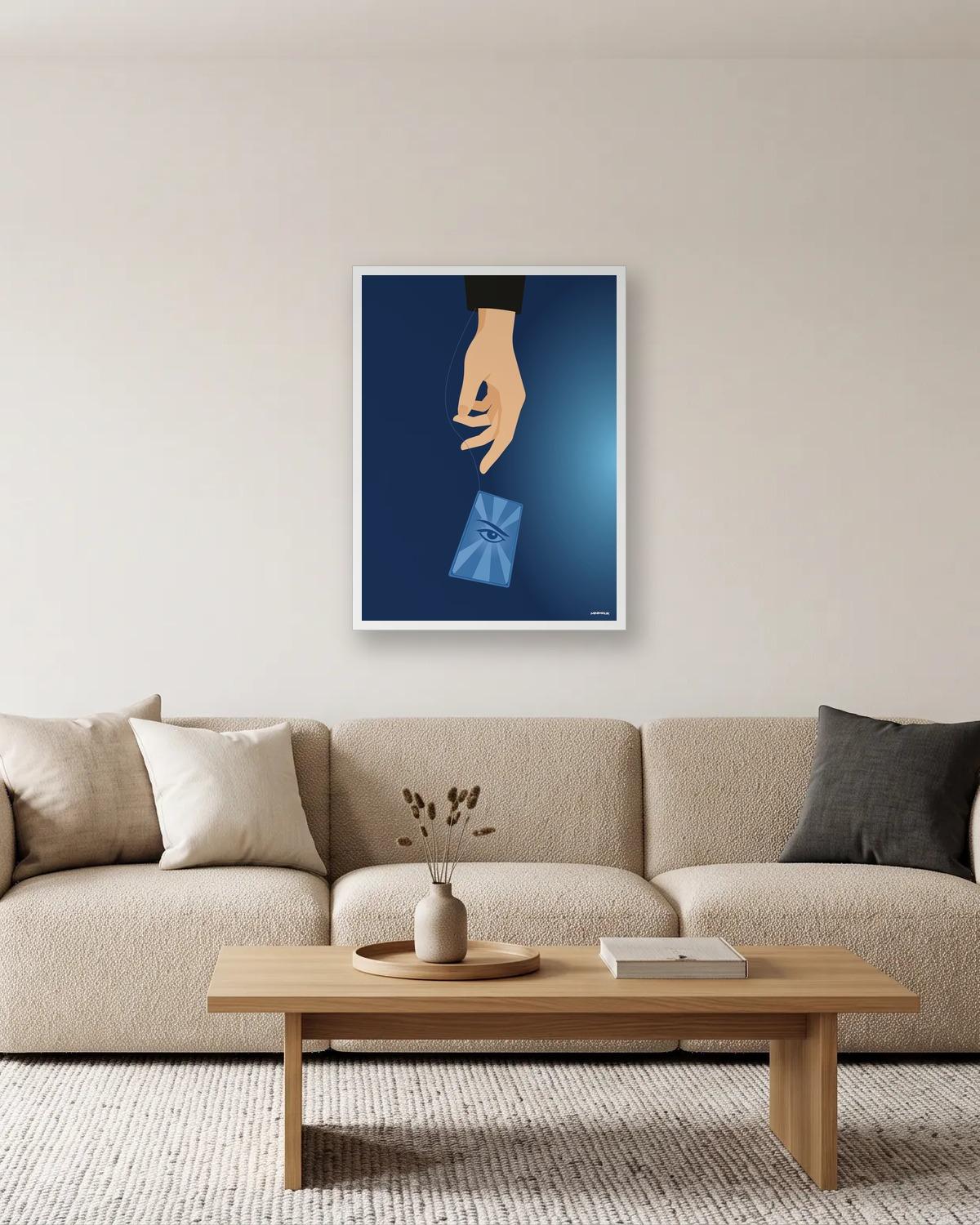 Regardez de plus près, affiche encadrée dans un salon