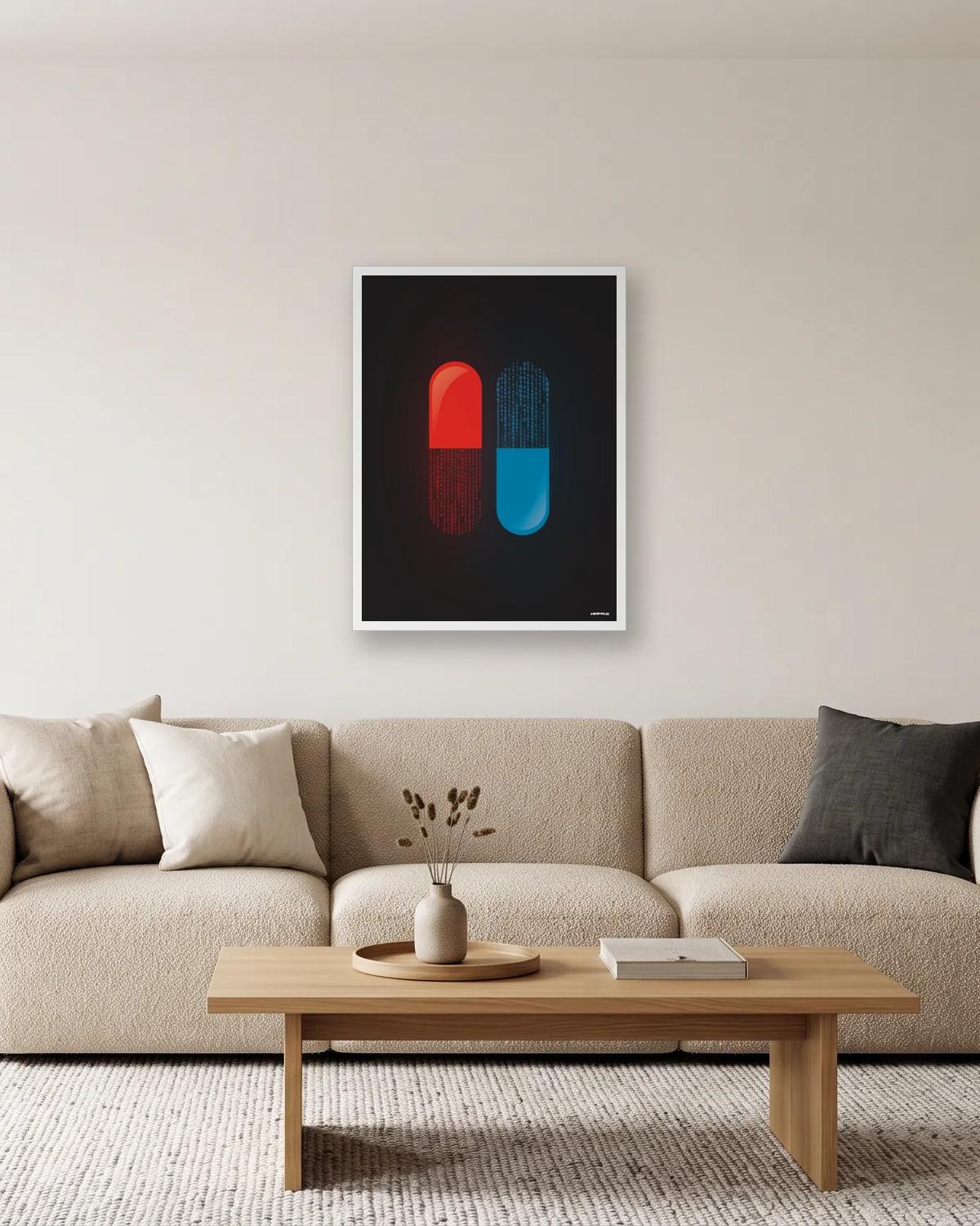 Rouge ou bleue, affiche encadrée dans un salon