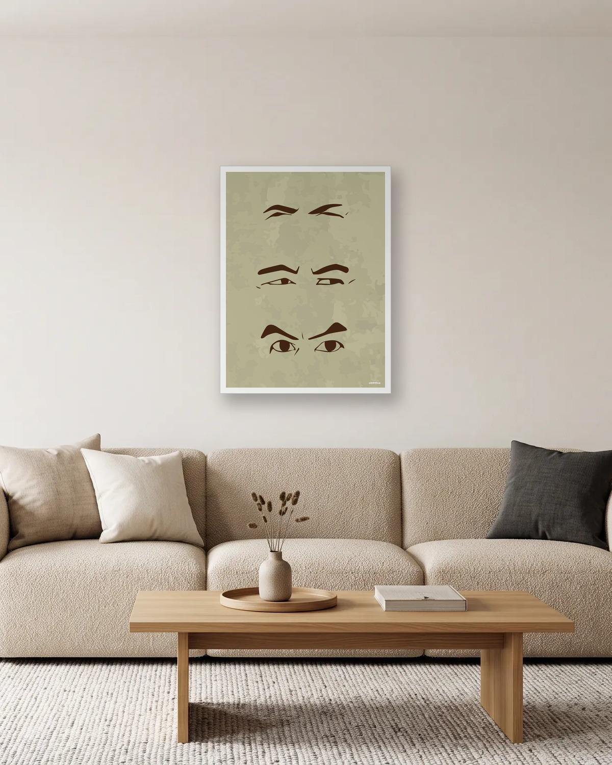 Trois regards, affiche encadrée dans un salon