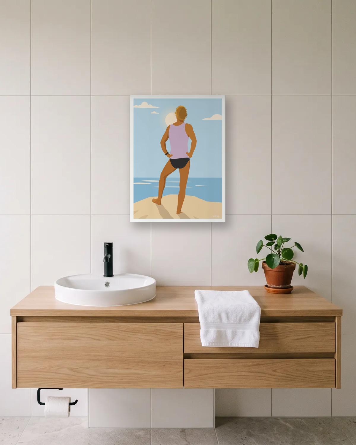 Mains sur les hanches, affiche encadrée en situation dans la pièce qui lui correspond
