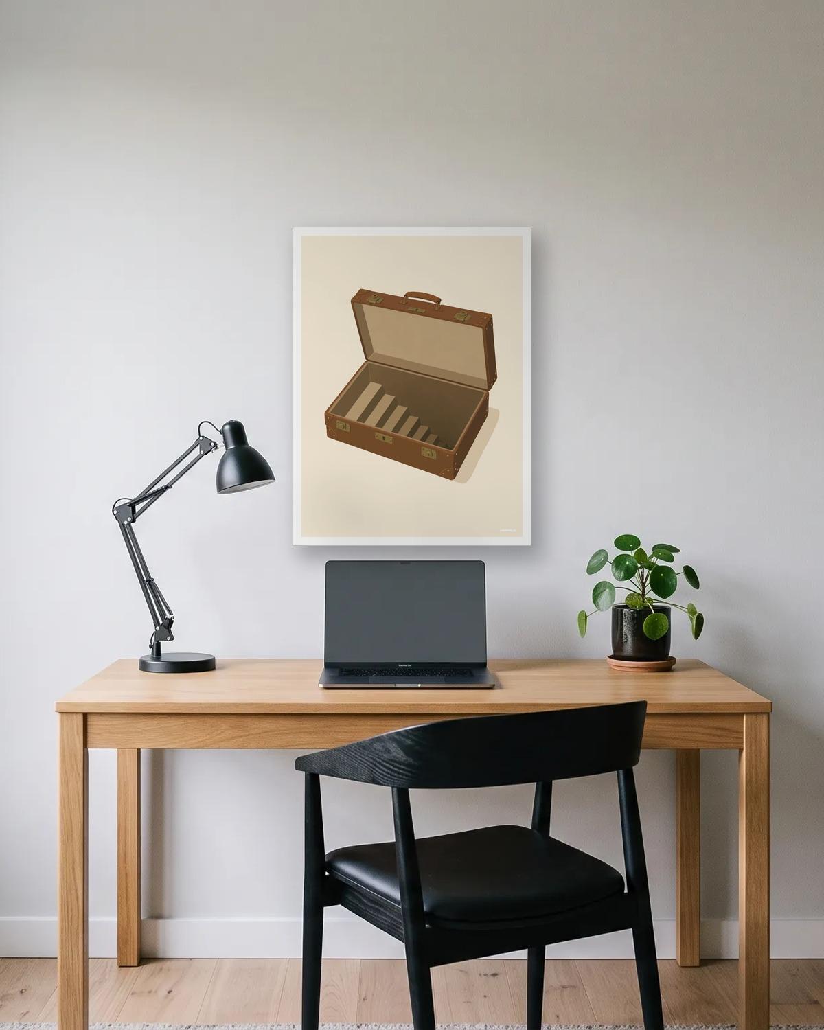 L'escalier dans la valise, affiche encadrée en situation dans la pièce qui lui correspond