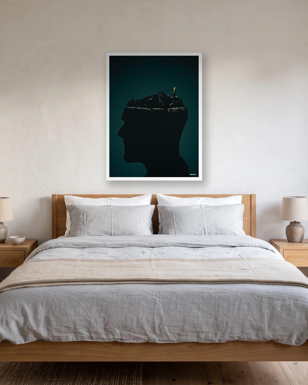 L'île dans la tête, affiche encadrée en situation dans la pièce qui lui correspond