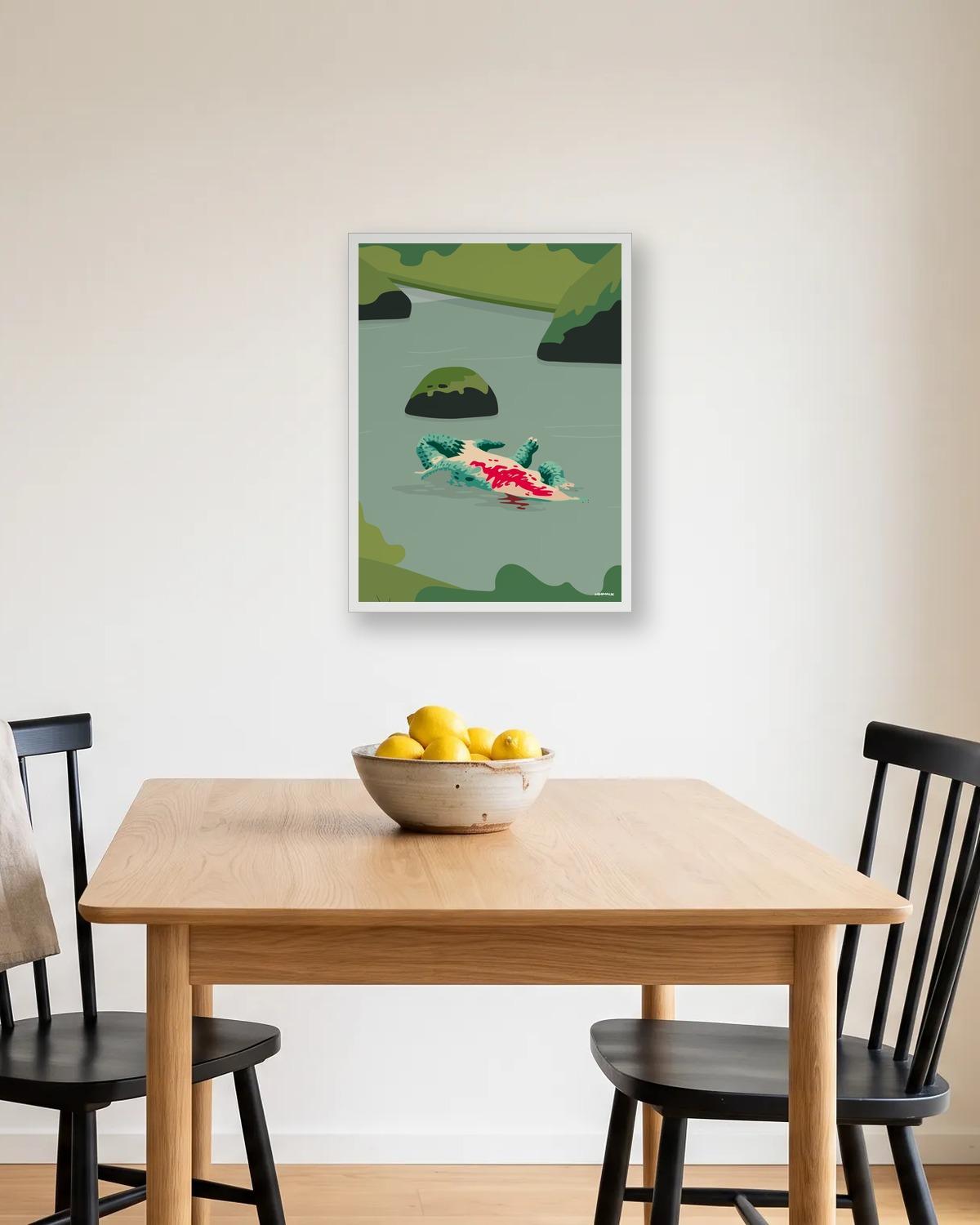 Ventre en l'air, affiche encadrée en situation dans la pièce qui lui correspond